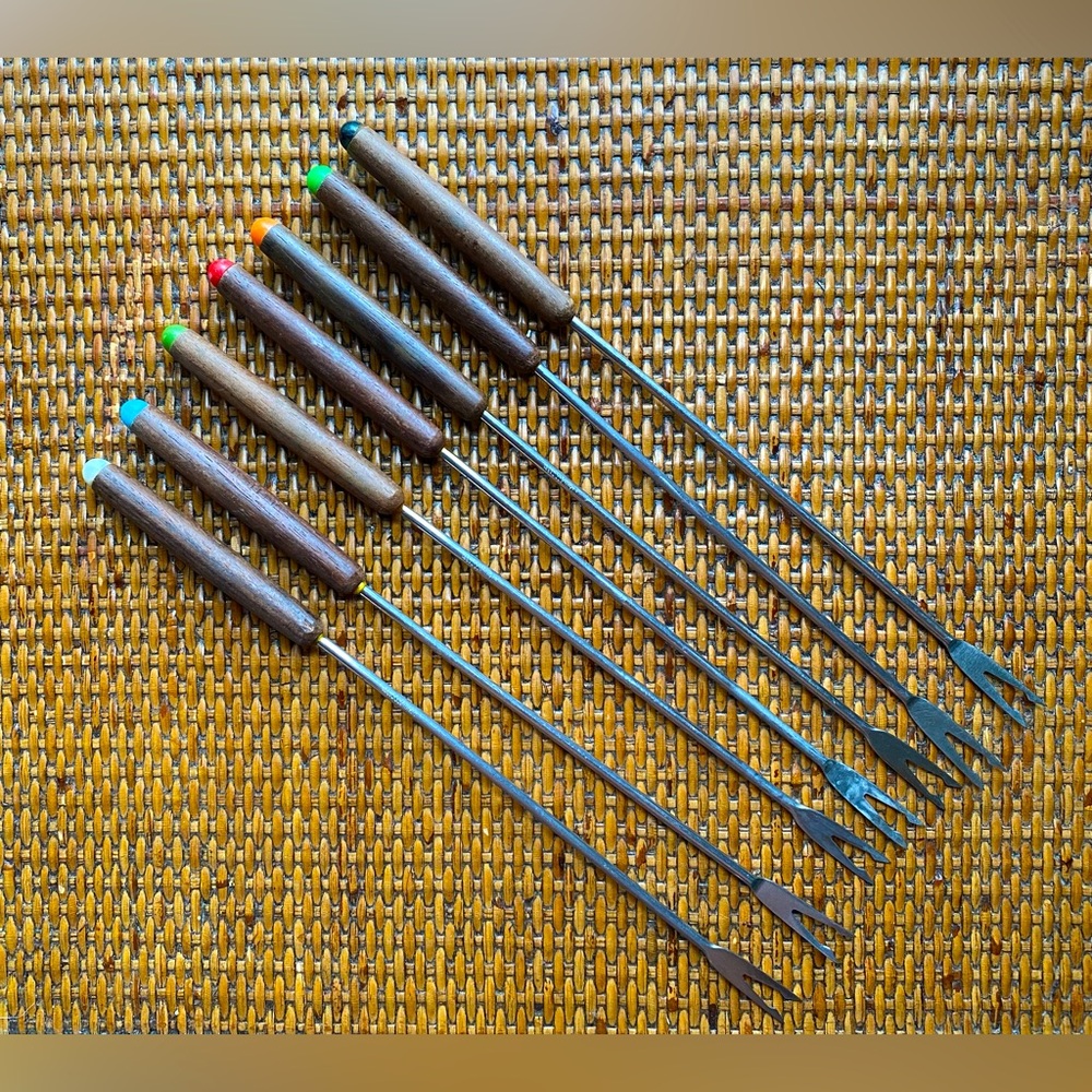 Mid Century Teak Handle Stainless Steel Fondue Fork Set of 7